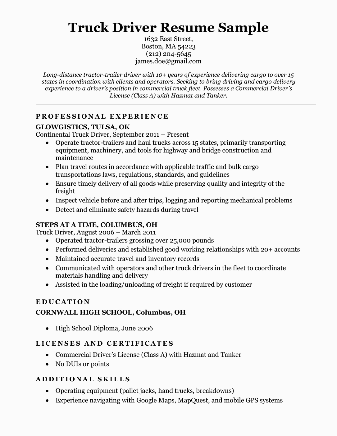 Sample Resume for Truck Driver with No Experience Sample Resume for Truck Driver with No Experience