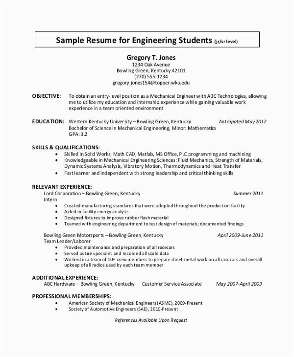 Sample Resume for Undergraduate Engineering Students Free 8 Sample Student Resume Templates In Pdf Ms Word