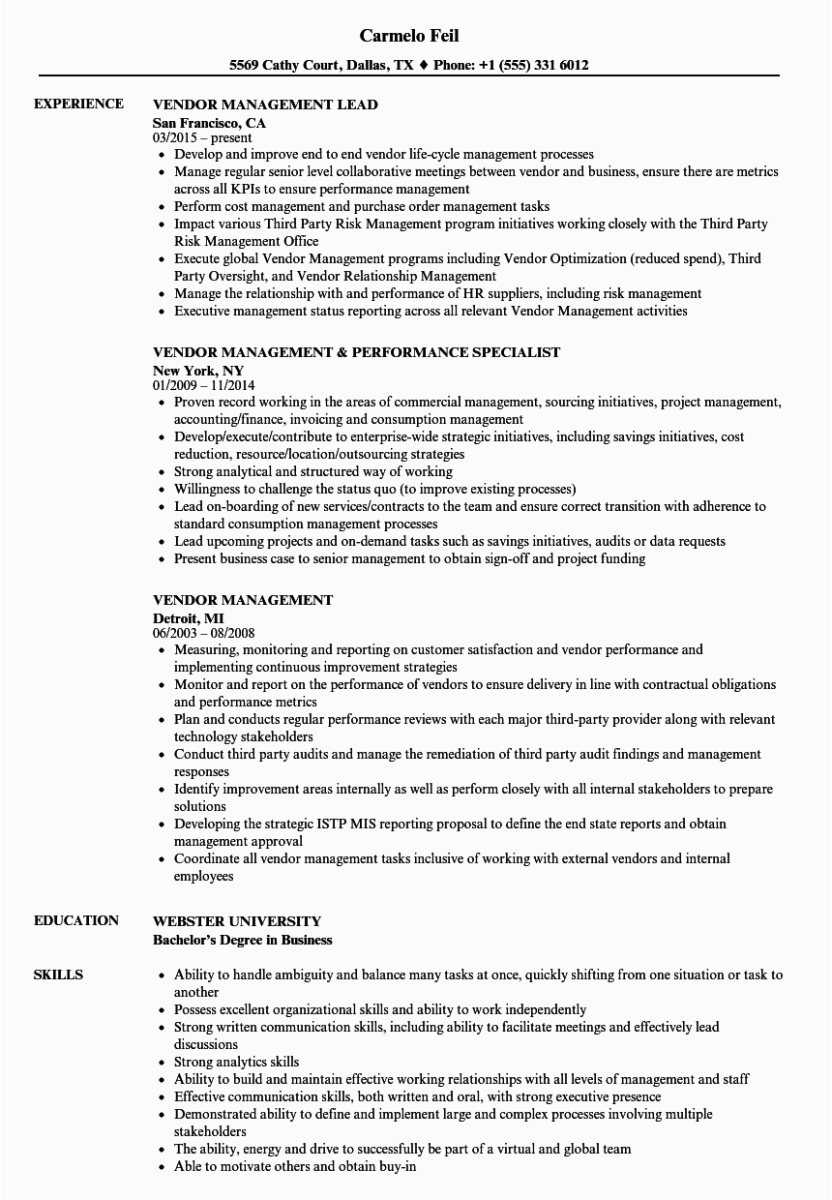 Sample Resume for Vendor Development Manager Vendor Management Resume