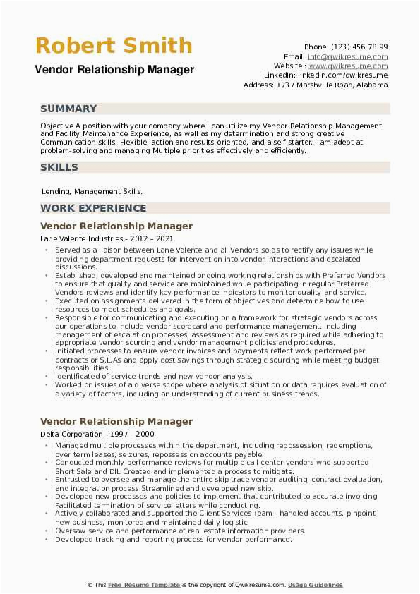 Sample Resume for Vendor Development Manager Vendor Relationship Manager Resume Samples