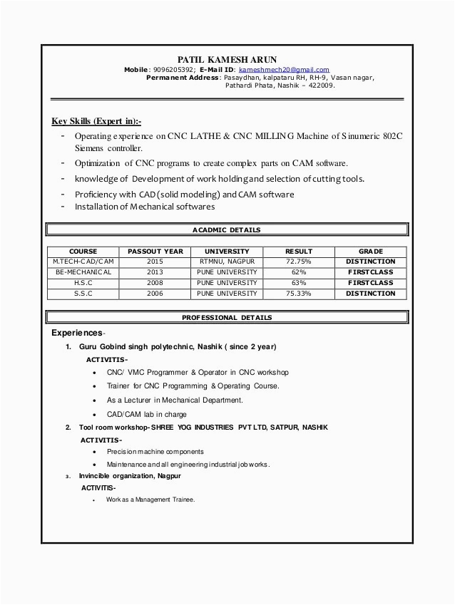 Sample Resume for Vmc Setter Responsibilities Cnc Programming