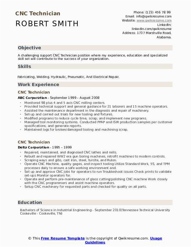 Sample Resume for Vmc Setter Responsibilities Cnc Technician Resume Samples