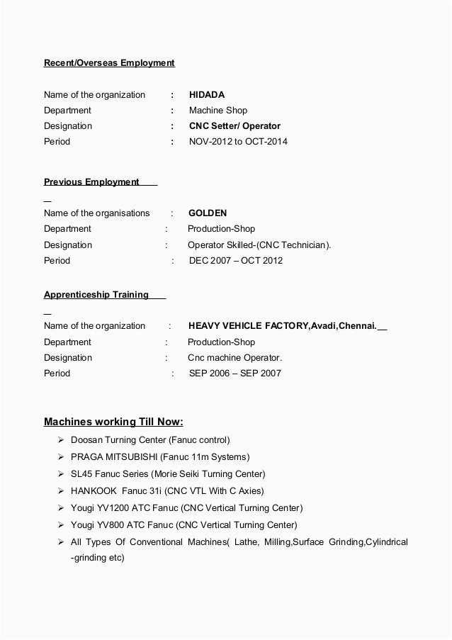 Sample Resume for Vmc Setter Responsibilities Resume for Turner or Mc Operator