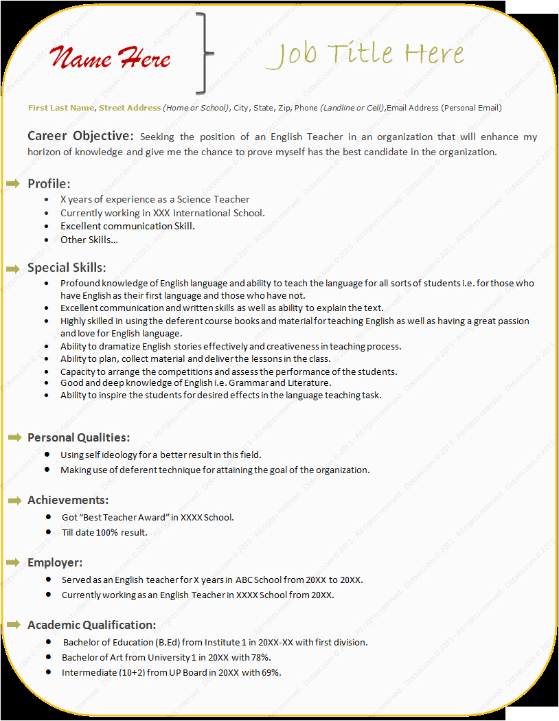 Sample Resume format for Experienced Teachers Sample Resume format for Experienced Teacher