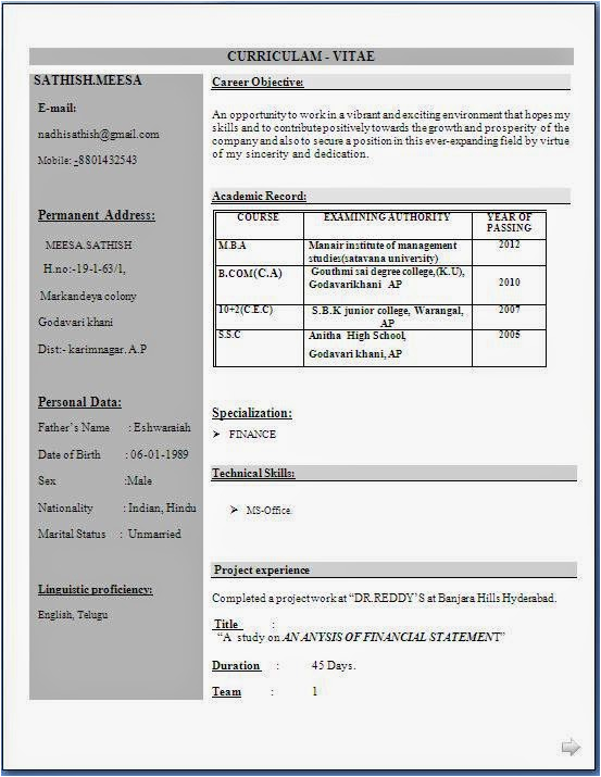 Sample Resume format for Mba Finance Freshers Mba Finance Fresher Resume format