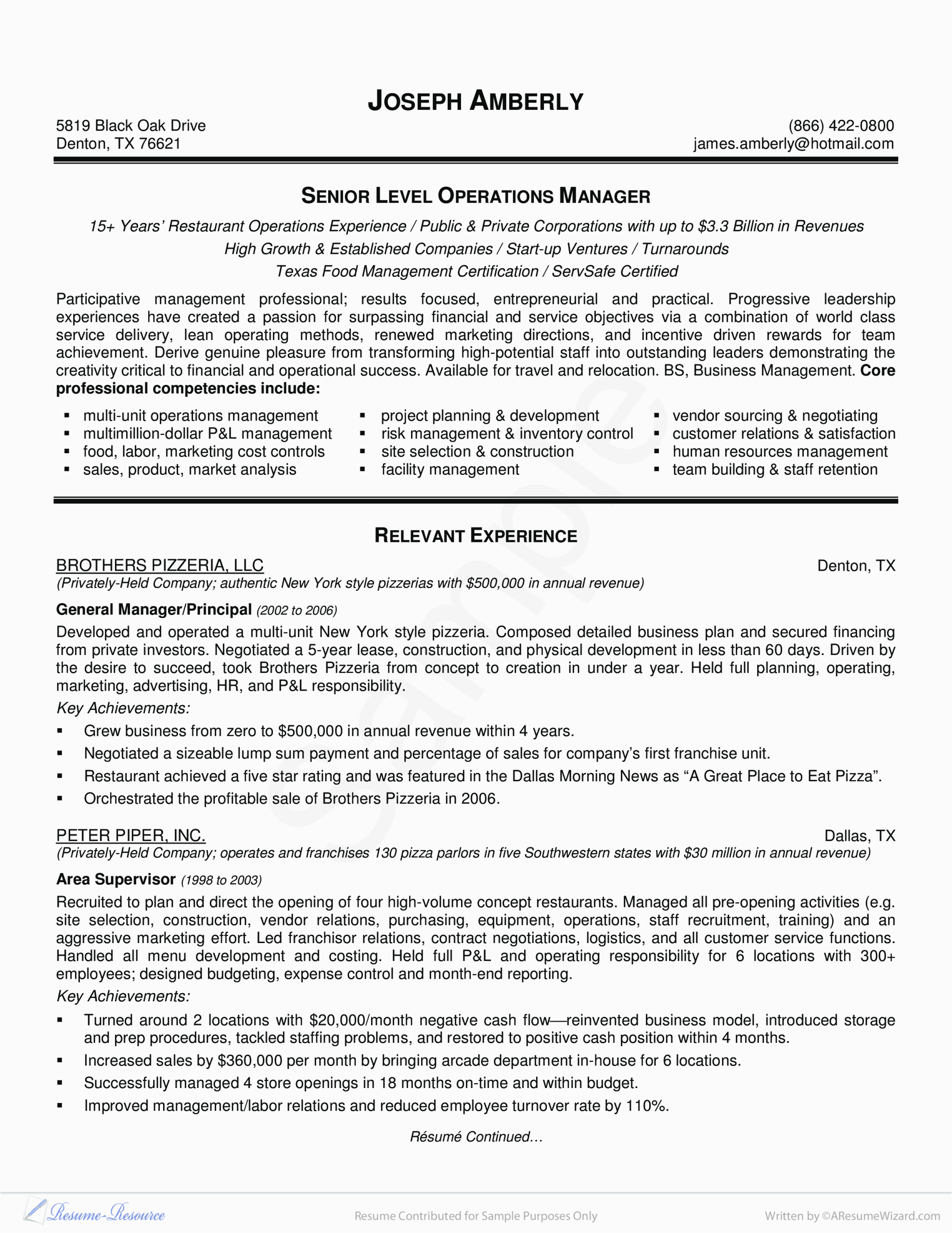 Sample Resume format for Operations Manager Operations Manager Resume Sample