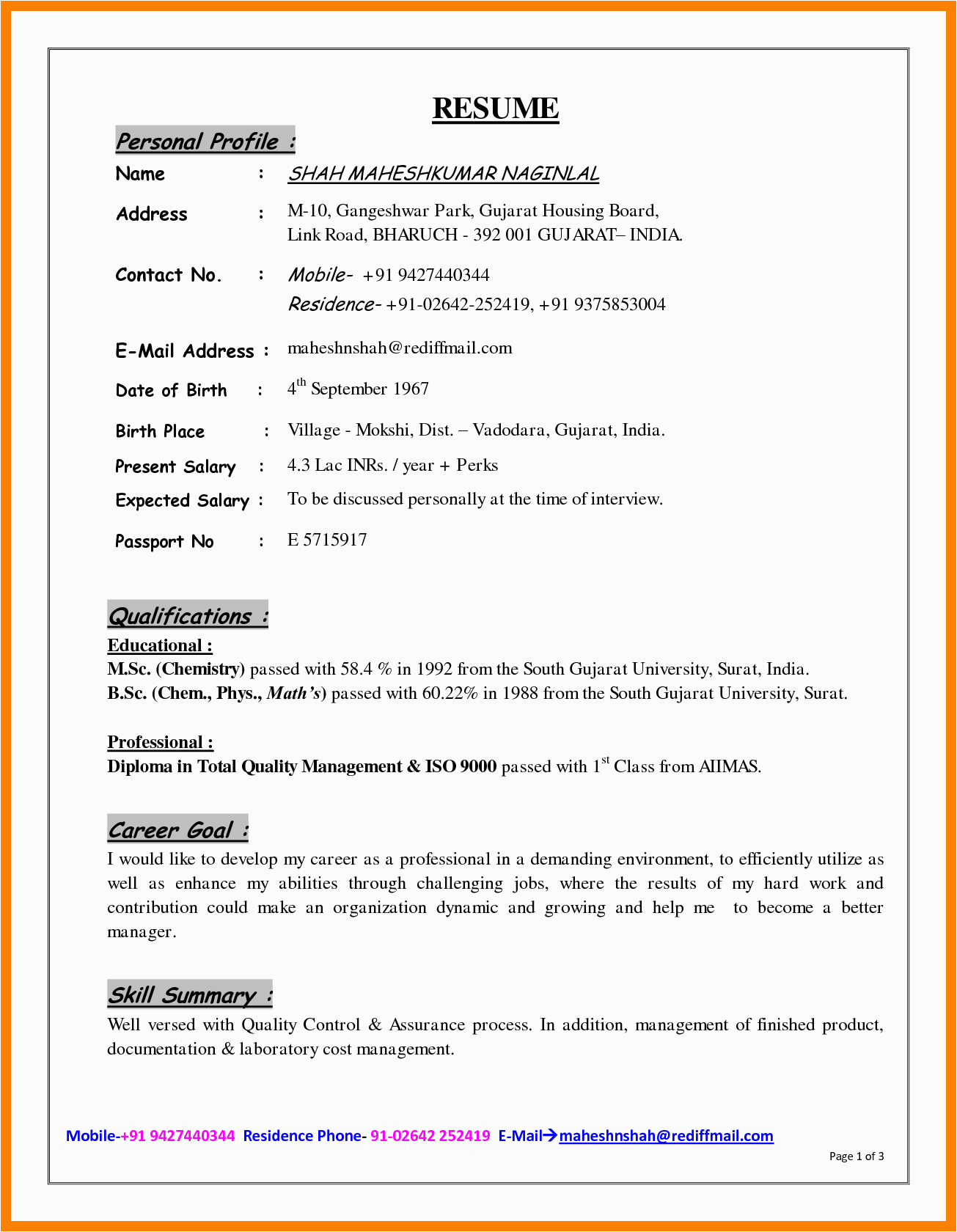 Sample Resume format for Personal Information Image Result for Cv with Personal Details Sample