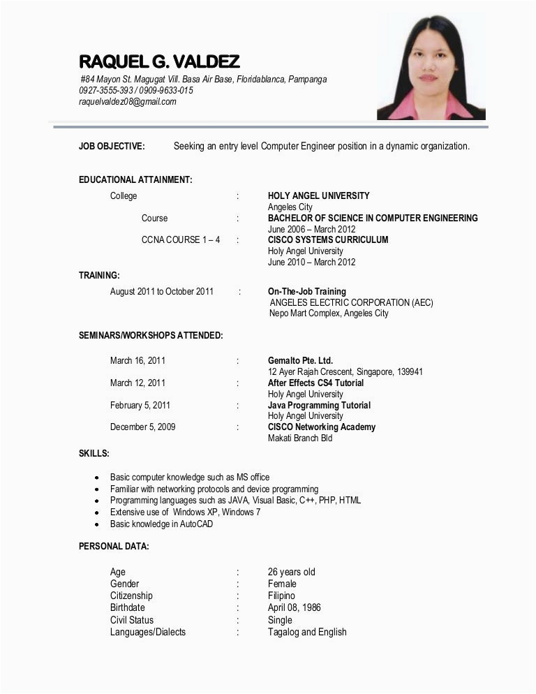 Sample Resume format for Personal Information Resume 1