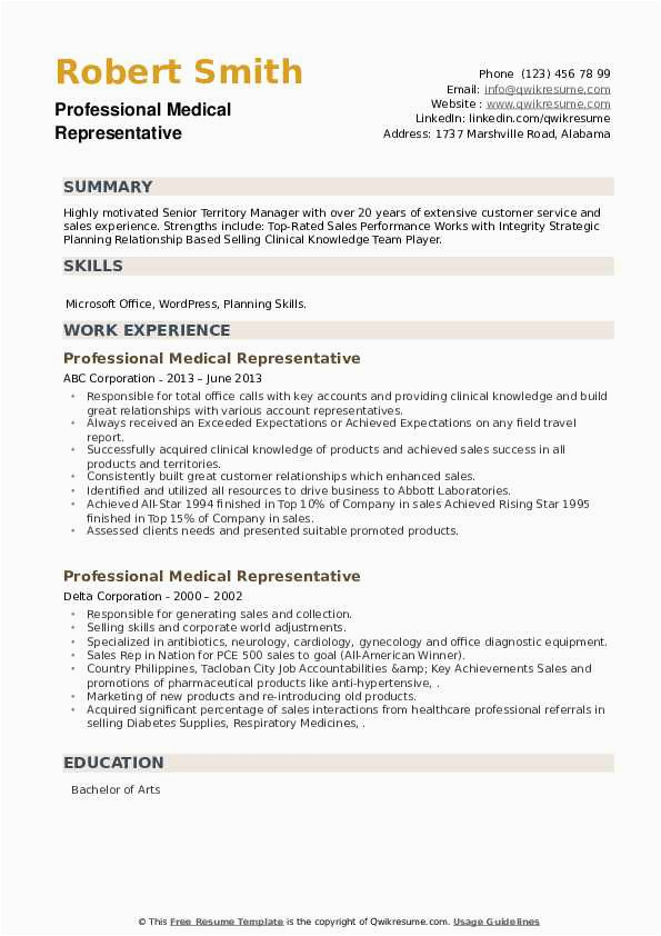 Sample Resume Objective for Health Professionals Professional Medical Representative Resume Samples