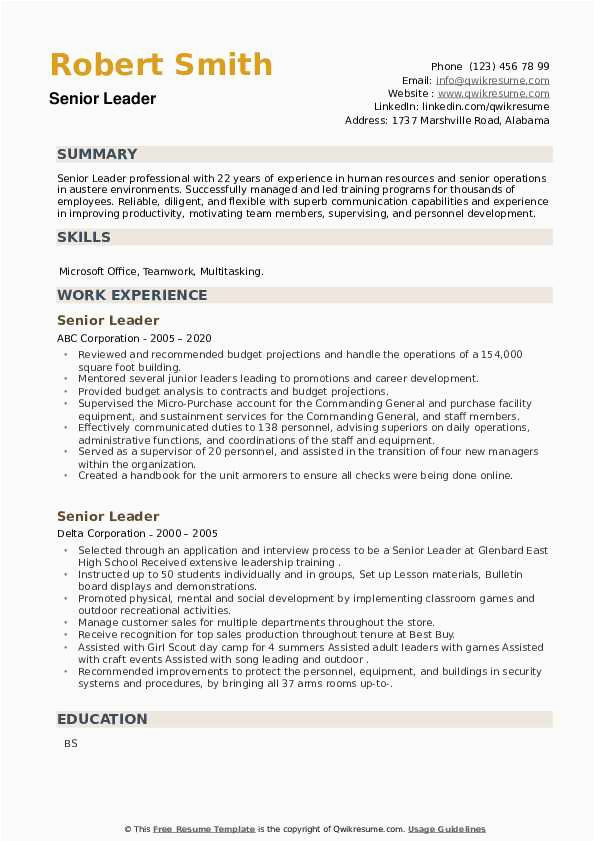 Sample Resume Objective for Leadership Position Senior Leader Resume Samples