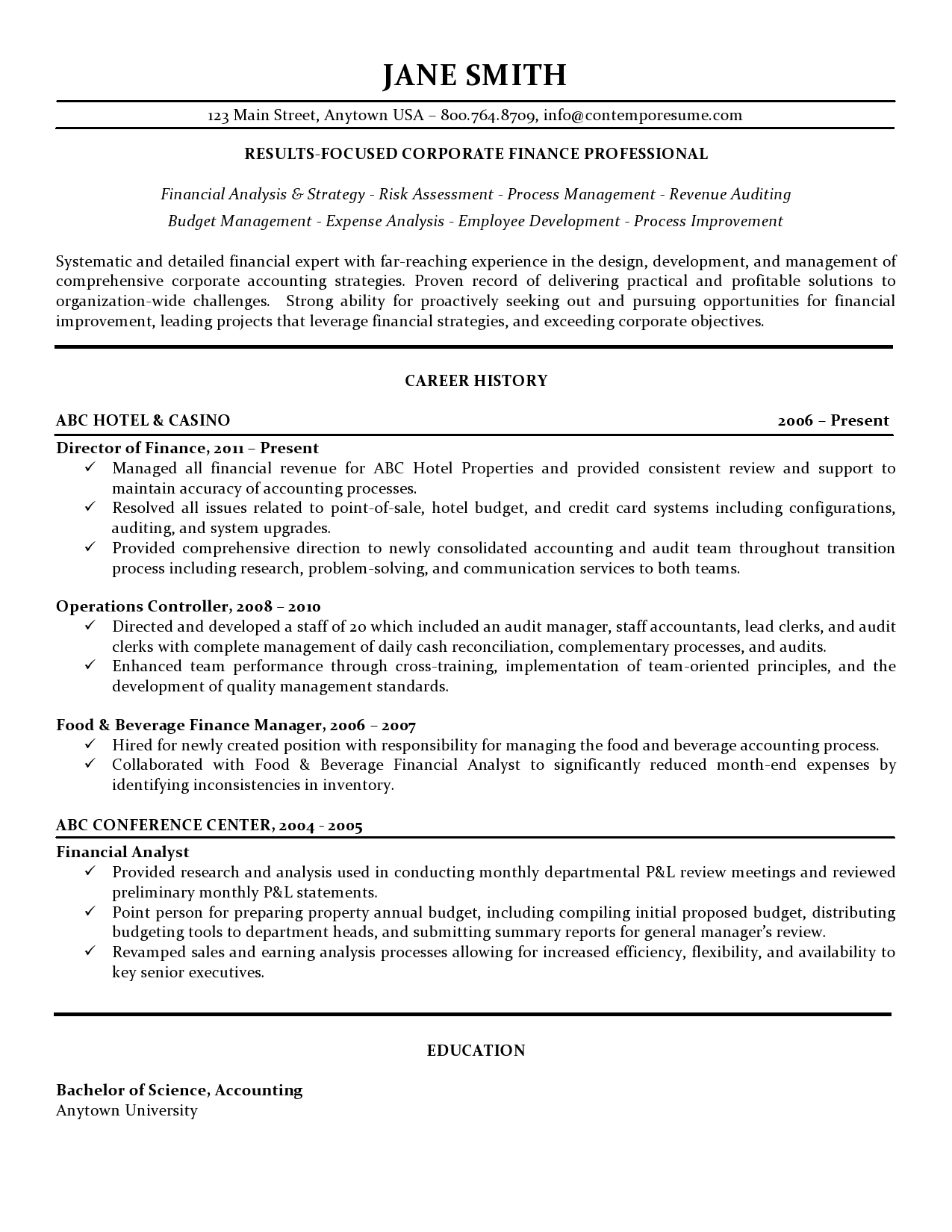 Sample Resume Of An Executive Finance Corporate Finance Resume
