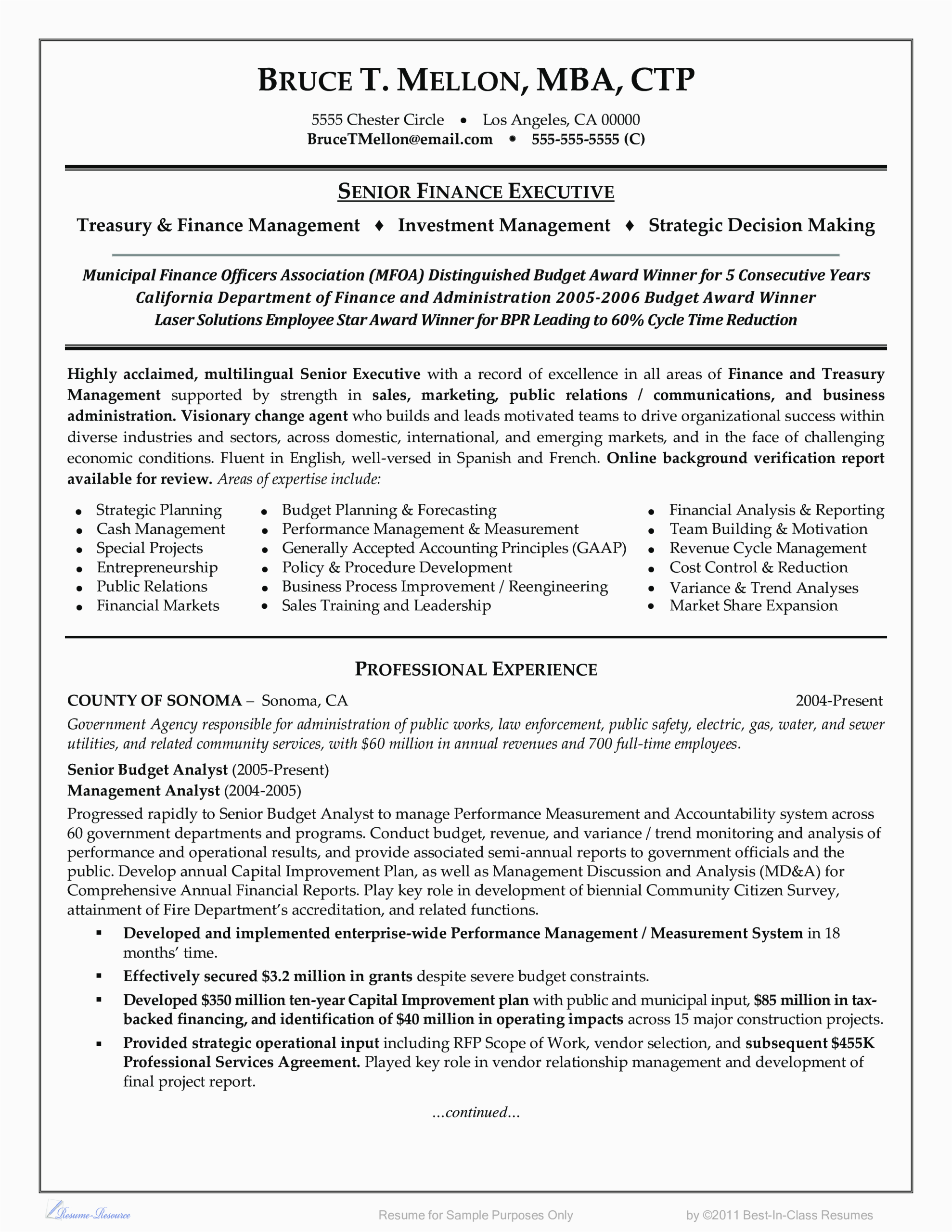 Sample Resume Of An Executive Finance Senior Financial Management Resume