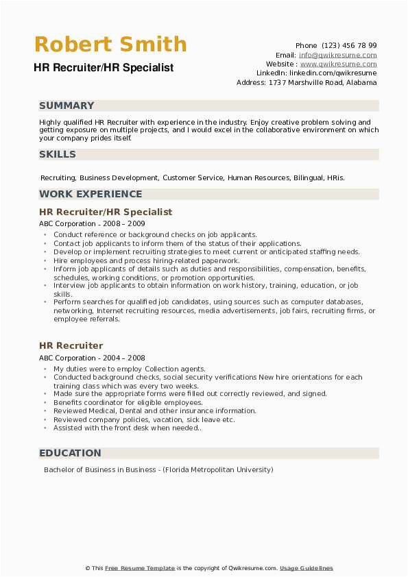 Sample Resume Of An Hr Recruiter Hr Recruiter Resume Samples
