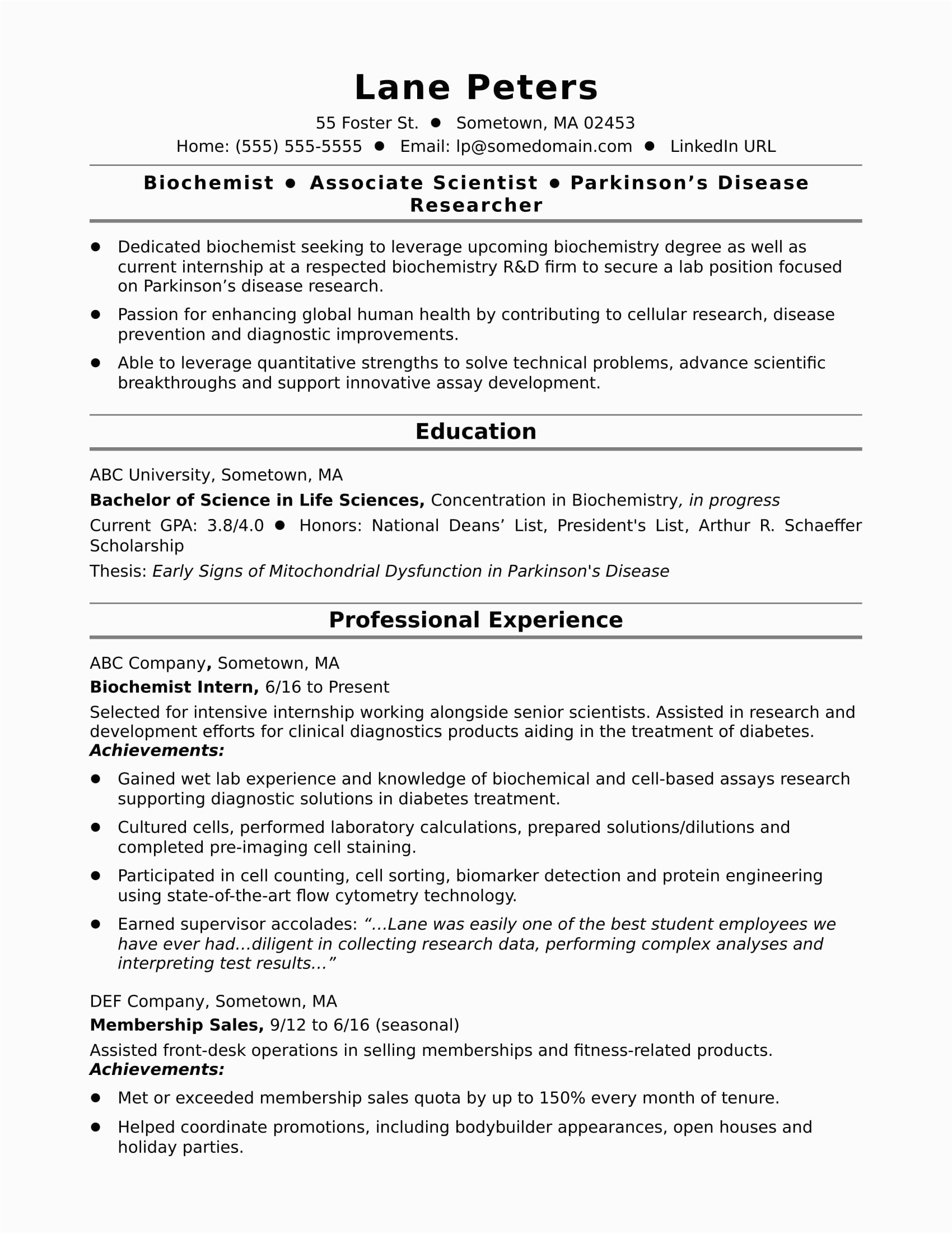 Sample Resume Of An Undergraduate Biochemistry Major Entry Level Biochemist Resume Sample