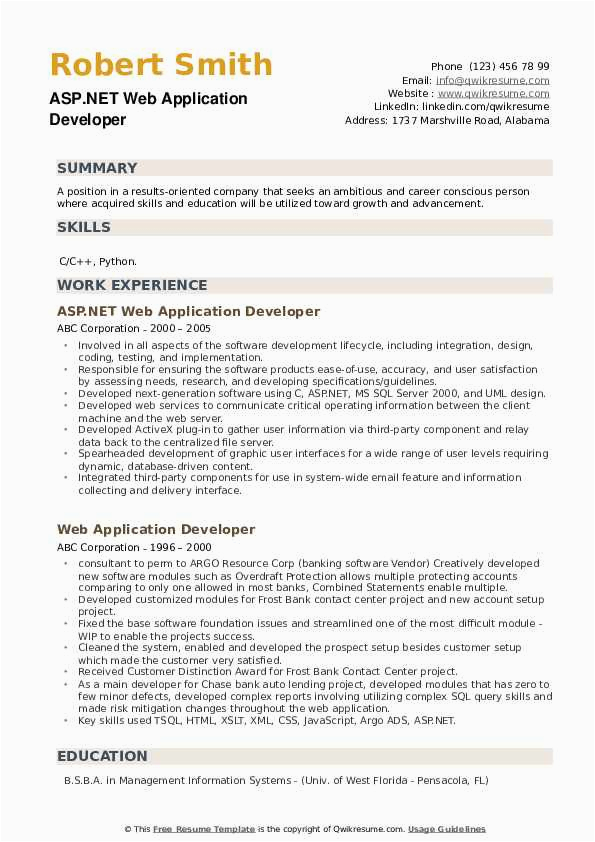 Sample Resume Of asp Net Developer Web Application Developer Resume Samples