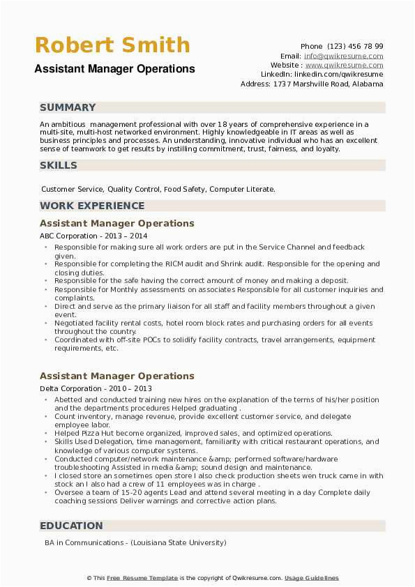 Sample Resume Of assistant Manager Operations assistant Manager Operations Resume Samples