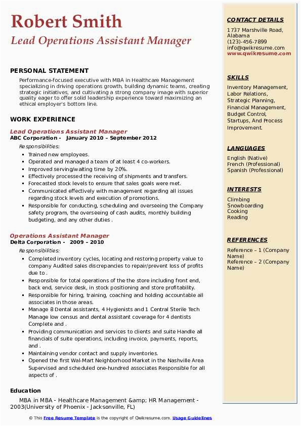 Sample Resume Of assistant Manager Operations Operations assistant Manager Resume Samples