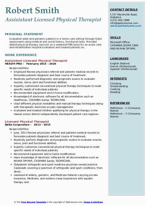 Sample Resume Physical therapy Office Manager Licensed Physical therapist Resume Samples
