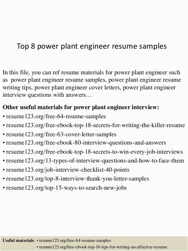 Sample Resume Power Plant Operation Engineer top 8 Power Plant Engineer Resume Samples