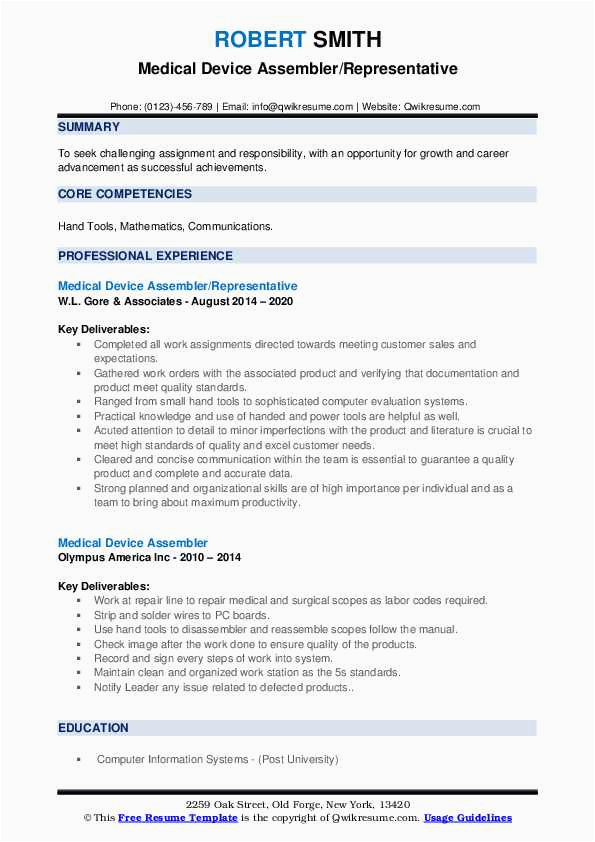 Sample Resume Product Manager Medical Device Medical Device assembler Resume Samples