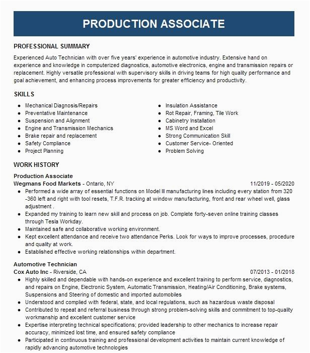 Sample Resume Production associate Tesla Experience Production associate Resume Sample associate Resumes
