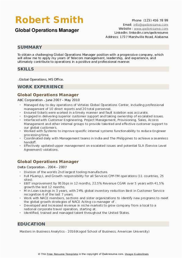 Sample Resume to Managing Operations Projects Worth Millions Global Operations Manager Resume Samples