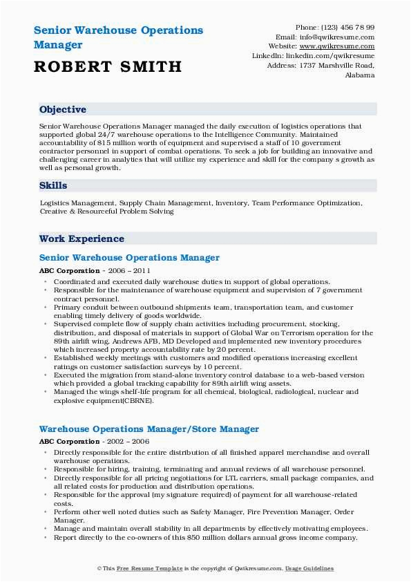 Sample Resume to Managing Operations Projects Worth Millions Warehouse Operations Manager Resume Samples