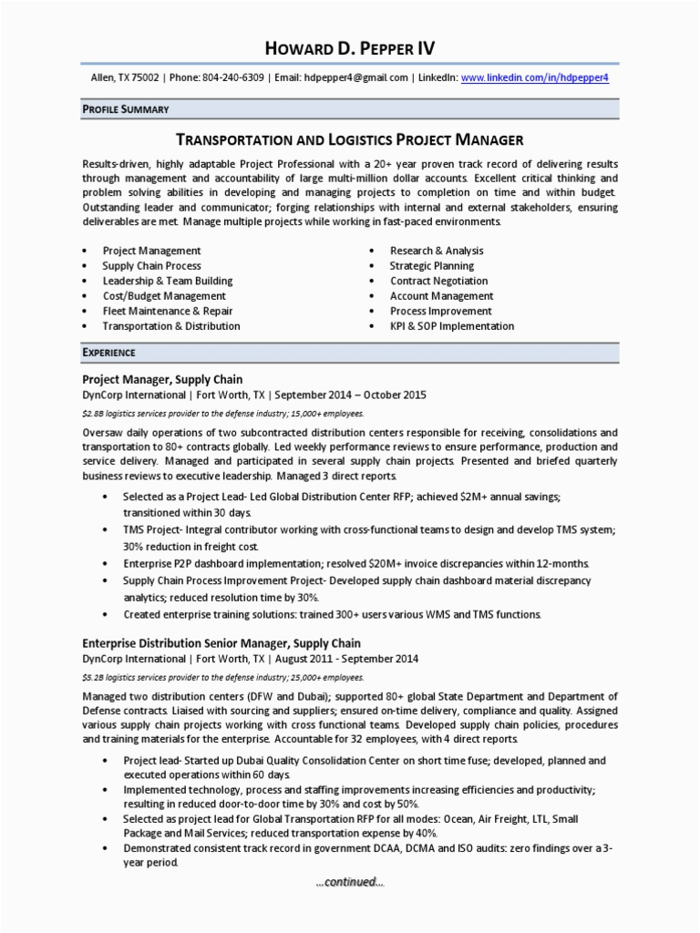 Sample Resume to Managing Projects Worth Millions Transportation Logistics Project Manager In Dallas Ft Worth Tx Resume