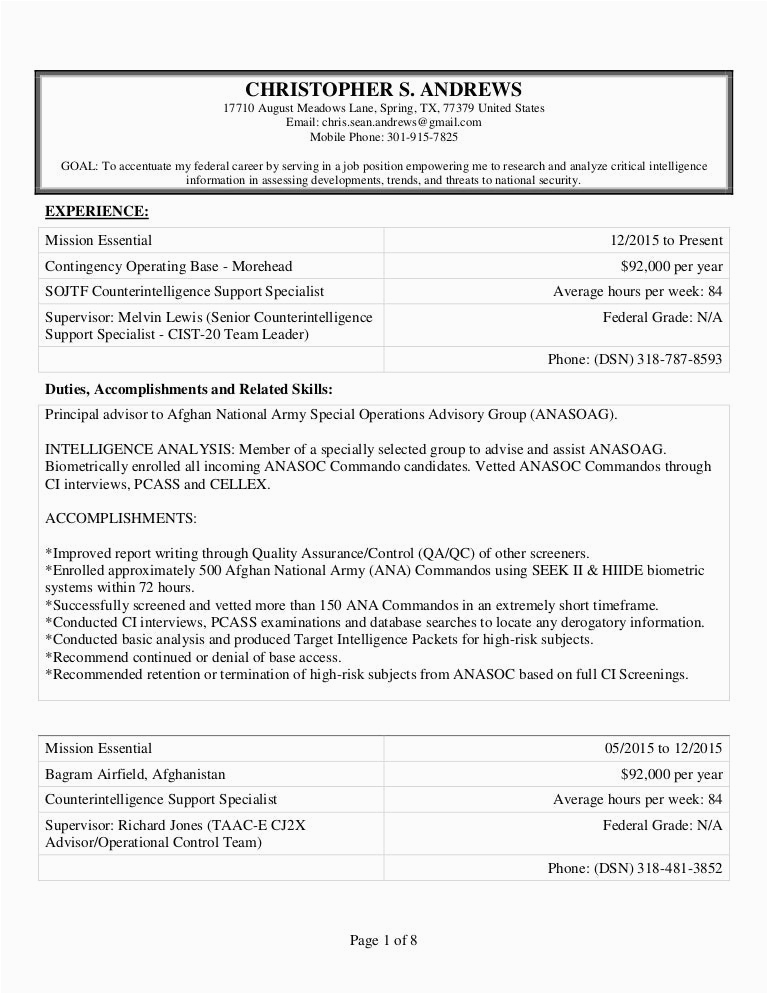 Sample Resume to Submit to Usajobs andrews Christopher Resume Usajobs