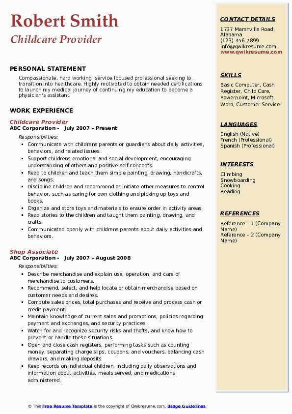 Sample Resume to Work In Childcare Childcare Provider Resume Samples