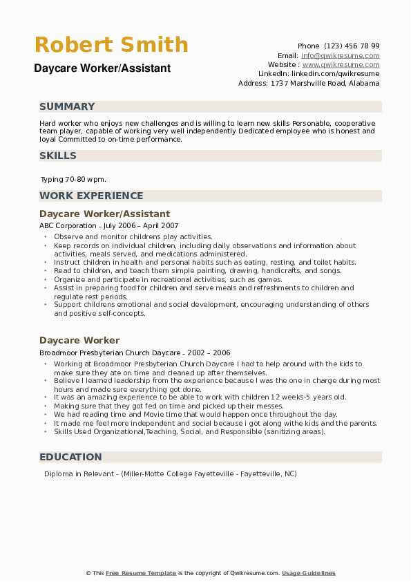 Sample Resume to Work In Childcare Daycare Worker Resume Samples