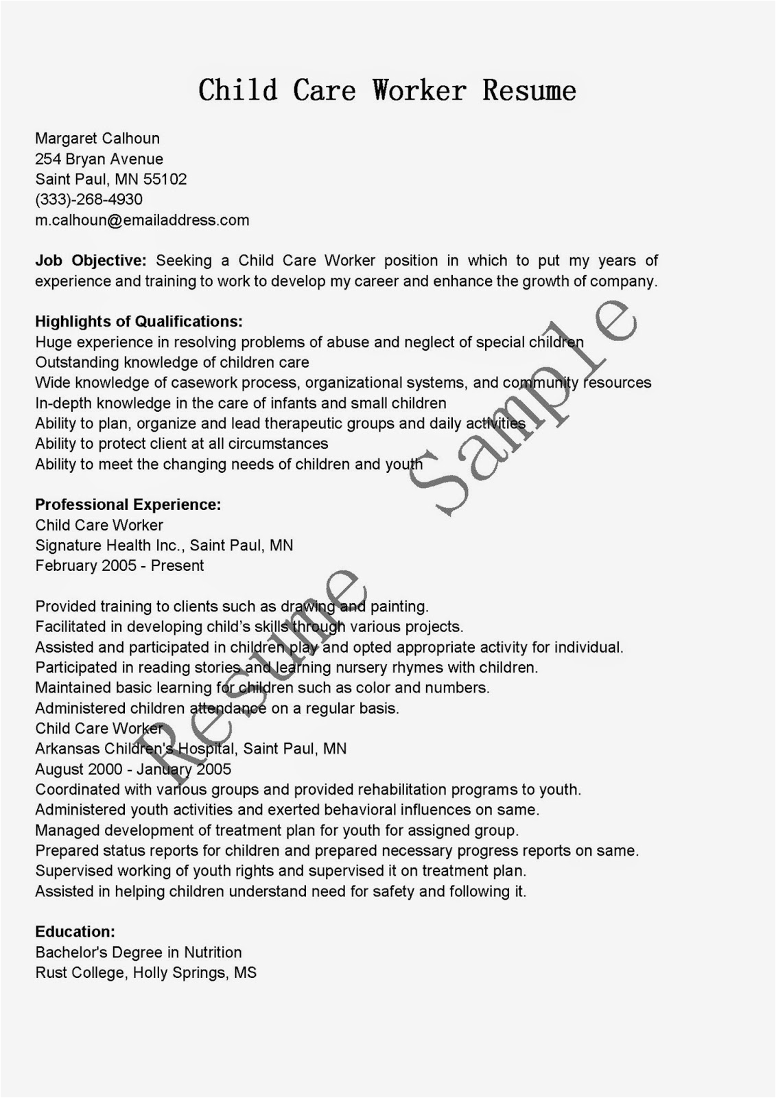 Sample Resume to Work In Childcare Resume Samples Child Care Worker Resume Sample