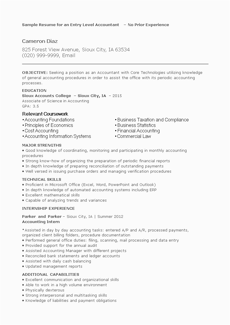 Sample Resumes for Entry Level Accounting Jobs Entry Level Accounting Resume