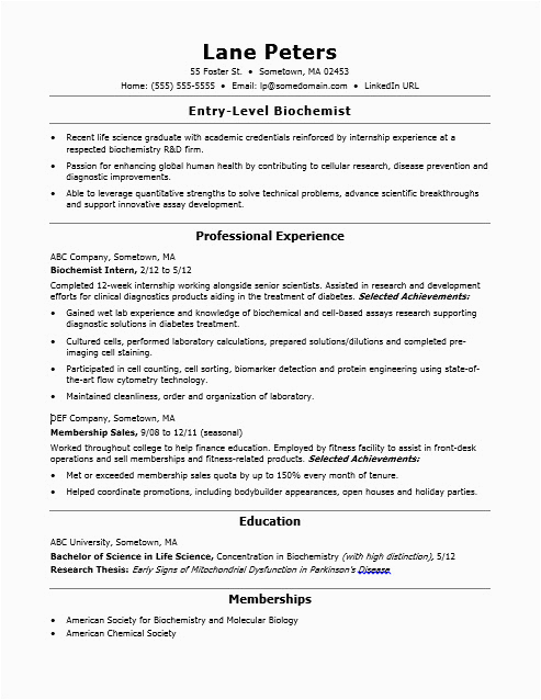 Sample Resumes for Entry Level Biochemists Entry Level Biochemist Resume Sample