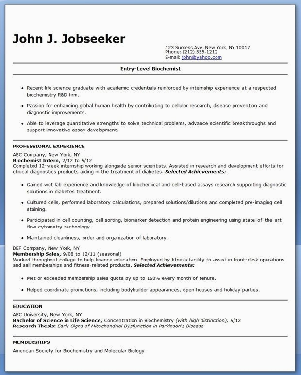 Sample Resumes for Entry Level Biochemists Entry Level Biochemistry Resume Sample Resume Downloads