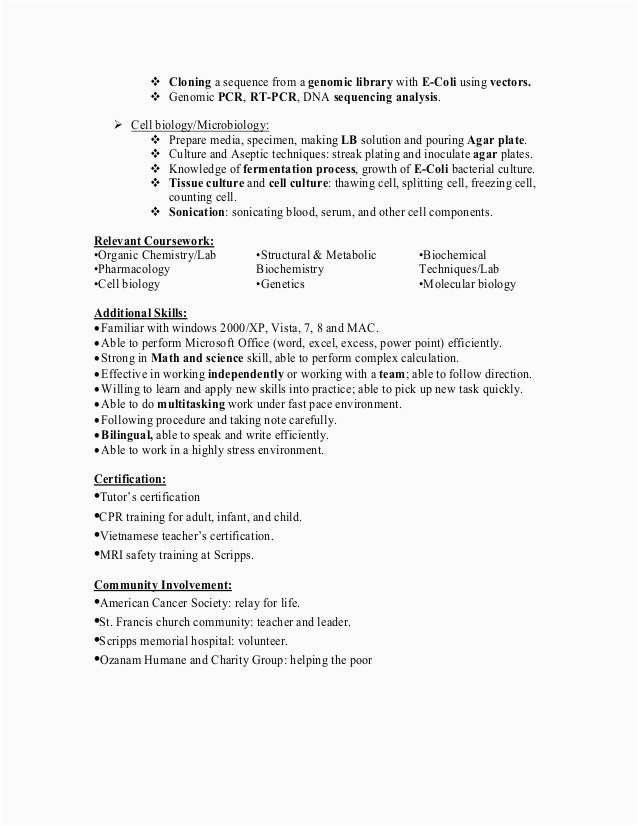 Sample Resumes for Entry Level Biochemists Resume Of Anh Q Nguyen Research associate Biochemist In San Diego Ca…