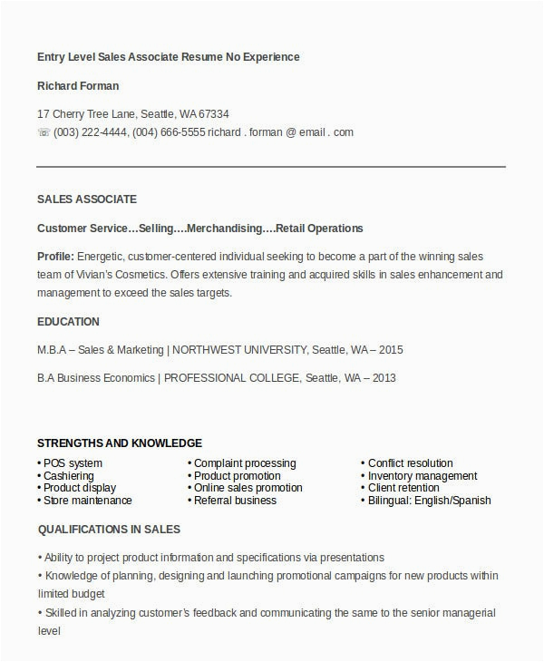 Sample Sales Resume when You Have No Experience 7 Sales associate Resume Templates Pdf Doc