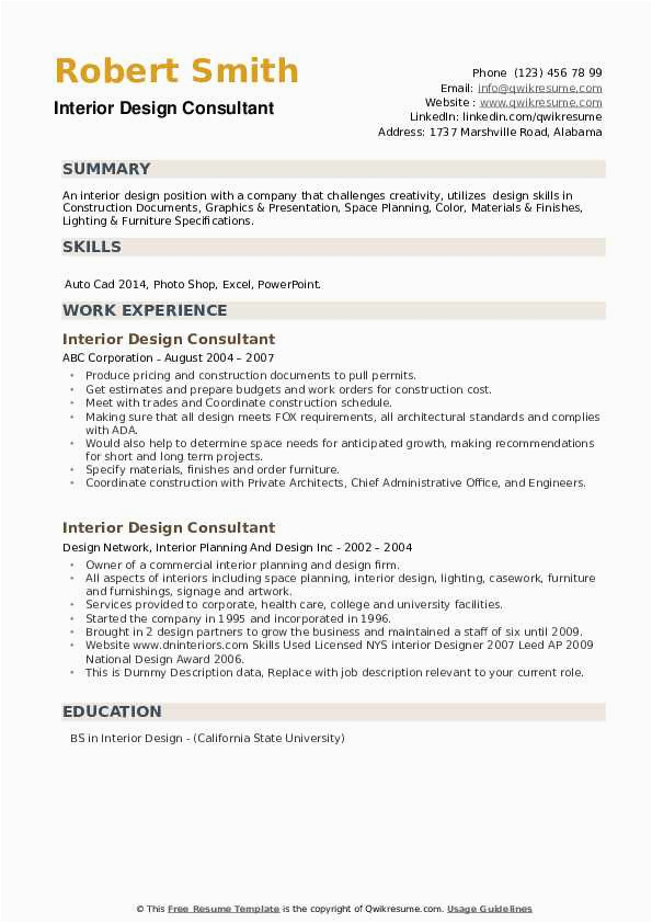 Samples Of A Interior Design Sales associate Resume Interior Design Consultant Resume Samples