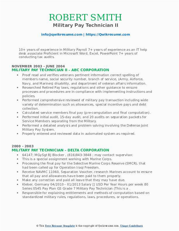 Samples Of A Resume with A Desired Rate Of Pay Military Pay Technician Resume Samples