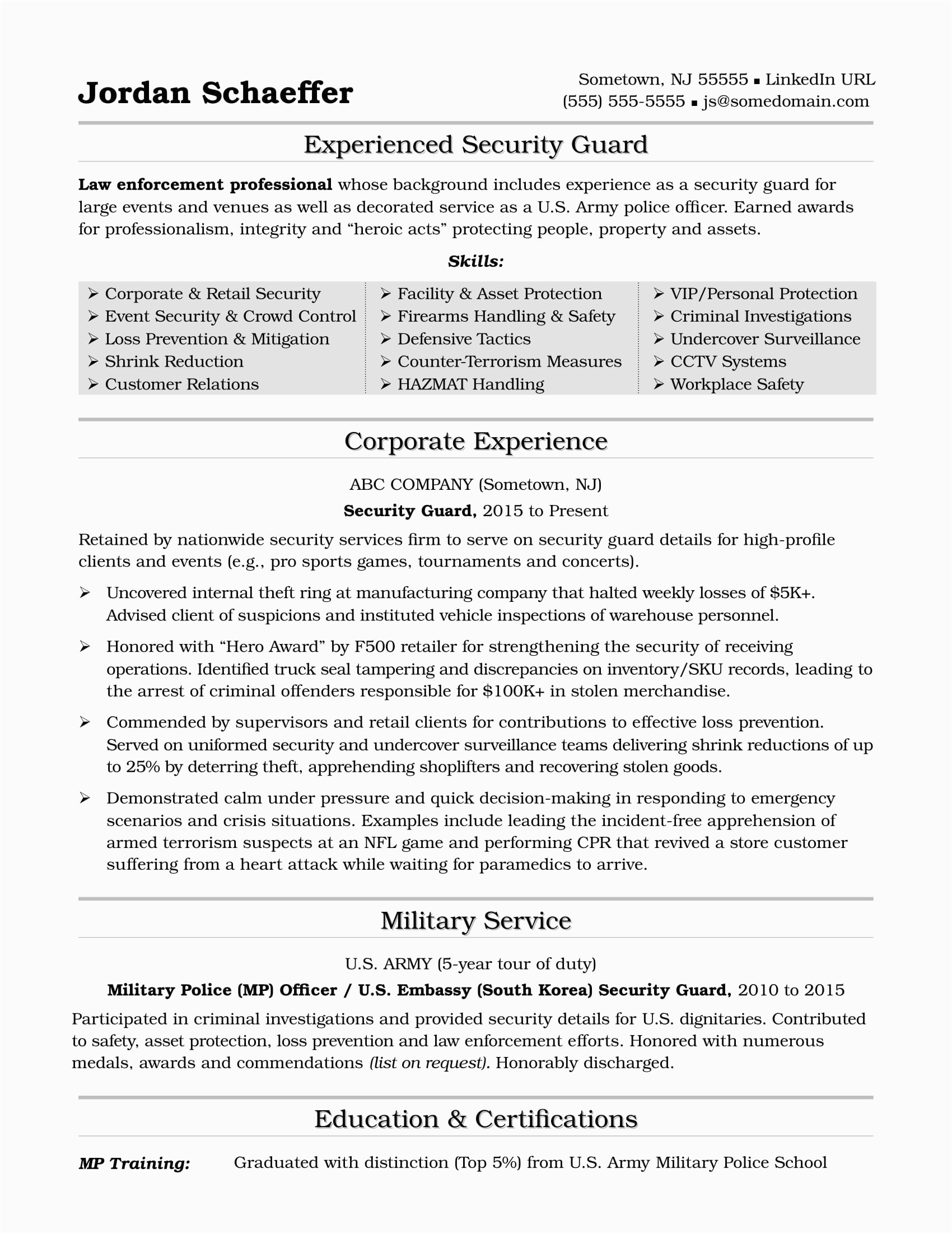 Security Guard Resume Template for Free Security Guard Resume Sample