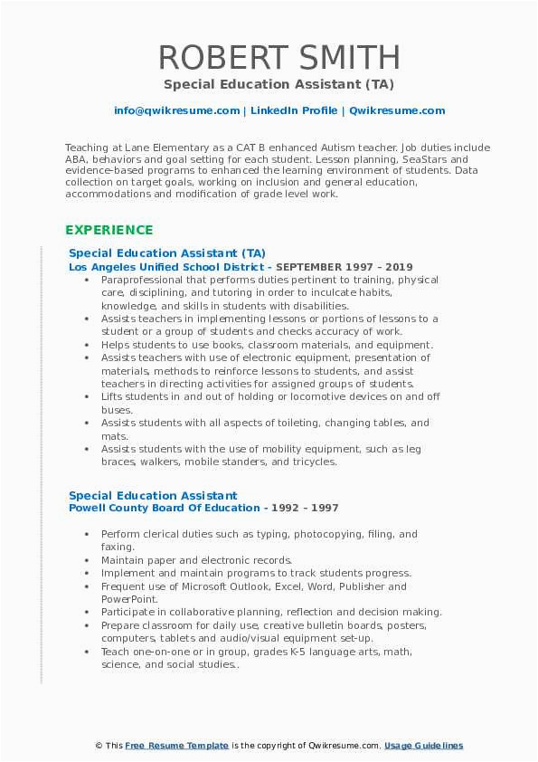 Ta for College Course Resume Sample Special Education assistant Resume Samples