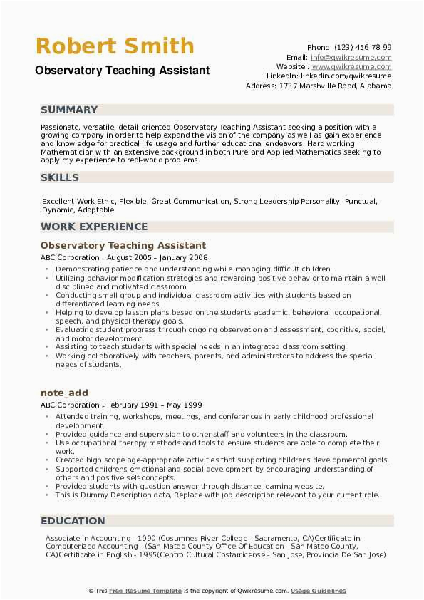 Ta for College Course Resume Sample Teaching assistant Resume Samples