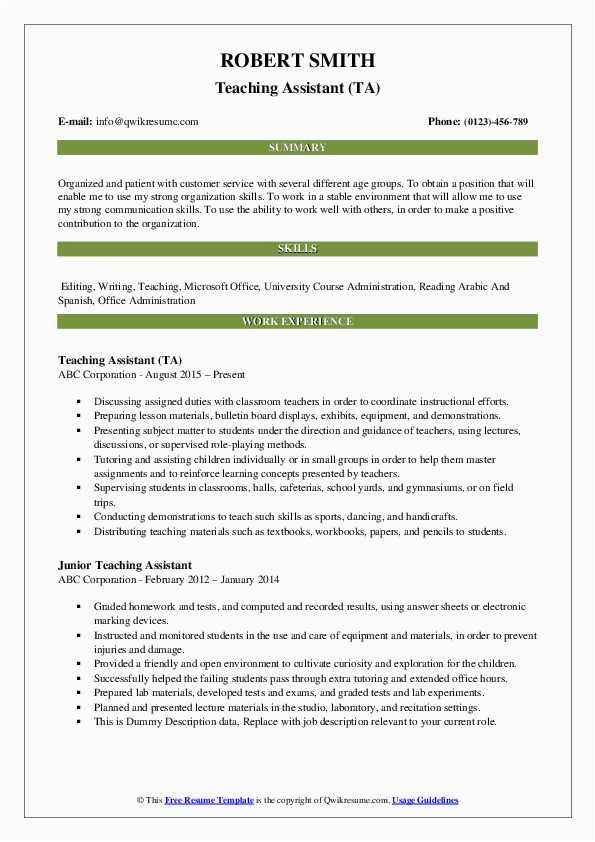 Ta for College Course Resume Sample Teaching assistant Resume Samples