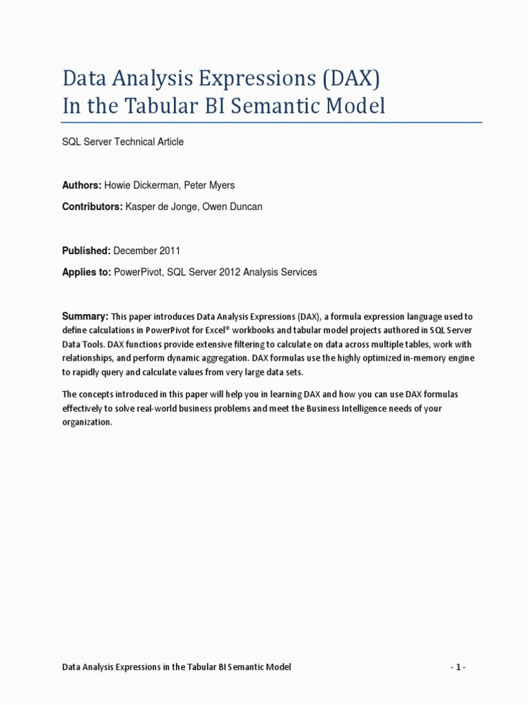 Tabular Model with Dax Sample Resume Dax In the Bi Tabular Model Microsoft Excel Table Database
