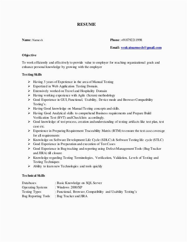 Testing Resume Sample for 1 Year Experience 36 1 Year Experience Resume format for Manual Testing Png