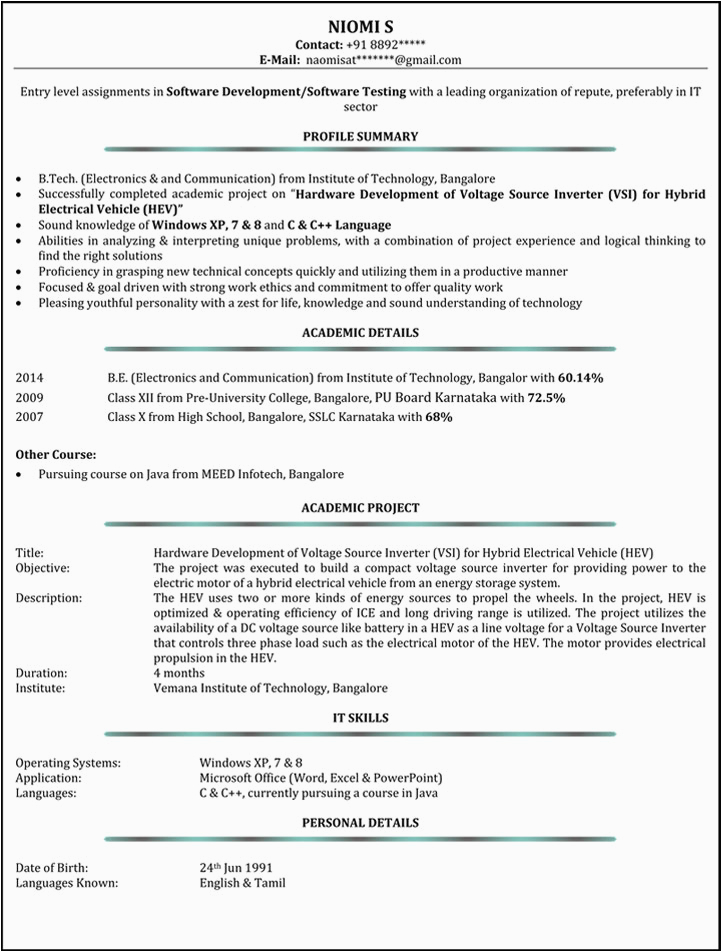 Testing Resume Sample for 1 Year Experience Resume Example 1 Year Experience Resume Examples