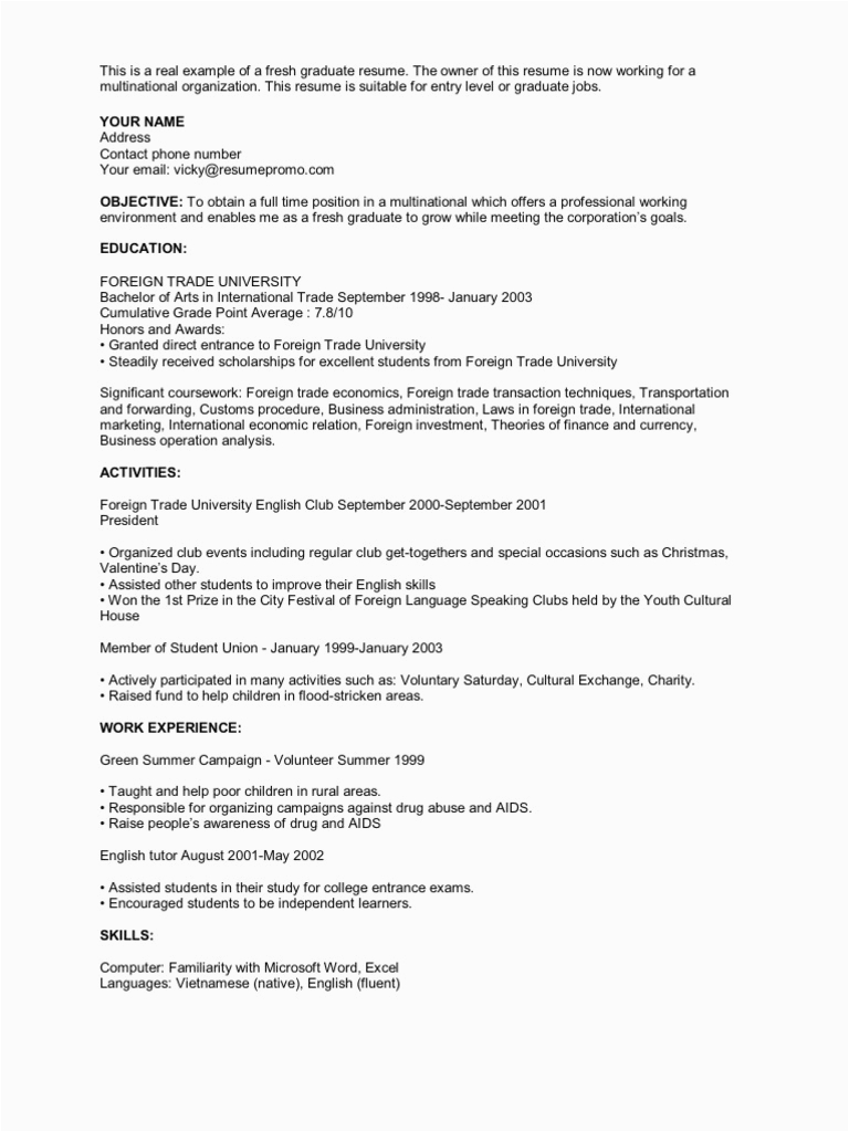 Text Resume Sample for Fresh Graduate This is A Real Example Of A Fresh Graduate Resume
