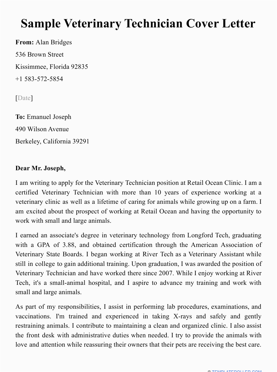Vet Tech Resume Cover Letter Sample Sample Veterinary Technician Cover Letter Download Printable Pdf