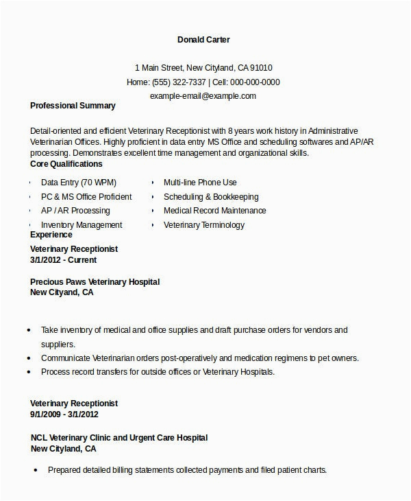 Veterinary Receptionist Job Description Sample Resume 10 Receptionist Resume Templates Pdf Doc