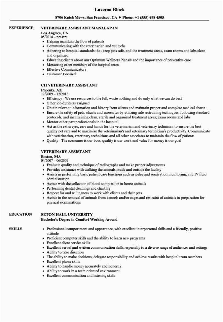 Veterinary Receptionist Job Description Sample Resume Free Veterinary assistant Resume Samples Velvet Jobs Veterinary